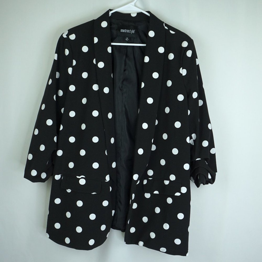MetroStyle Black w White Polka Dots Open Blazer w Ruched Sleeves, Size 16
